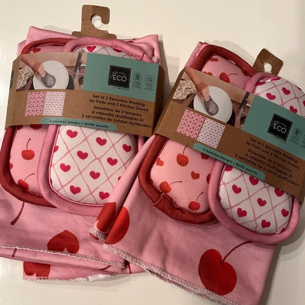Ciroa Home Heart  Kitchen Towels‎ &  Reusable Washing Pads (2 Sets - New)